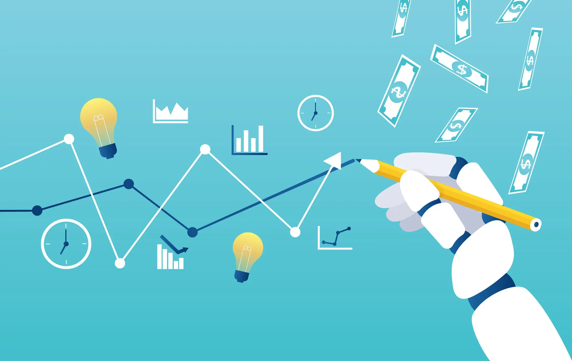 Vector of a robot hand drawing a graph line leading to the goal