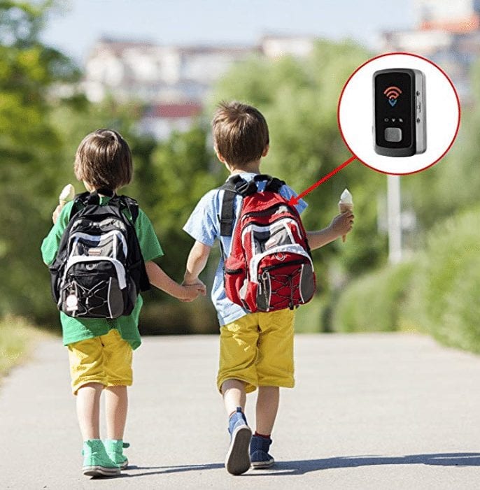 Two children walking with ice cream cones and with the Spy Tec STI GL300 Mini Portable Real Time Personal and Vehicle GPS Tracker in one of the backpacks