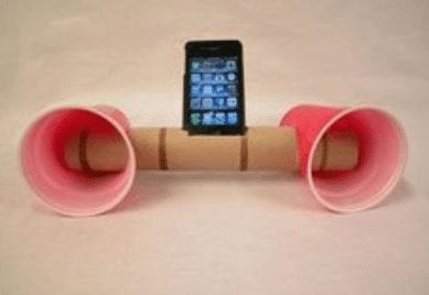 DIY speaker constructed from an empty paper towel roll and two solo cups.
