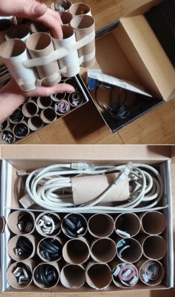 Use toilet paper rolls for power cord storage.