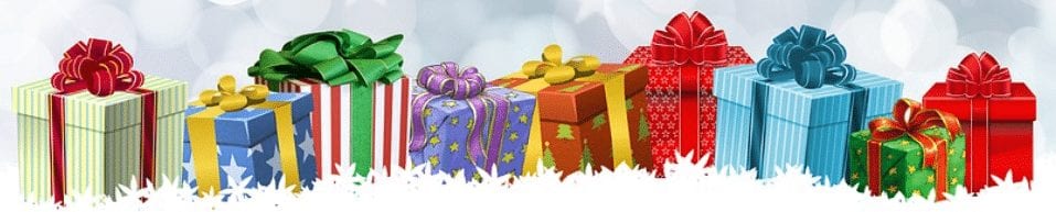 Tech gifts wrapped in colorful patterned wrapping paper.