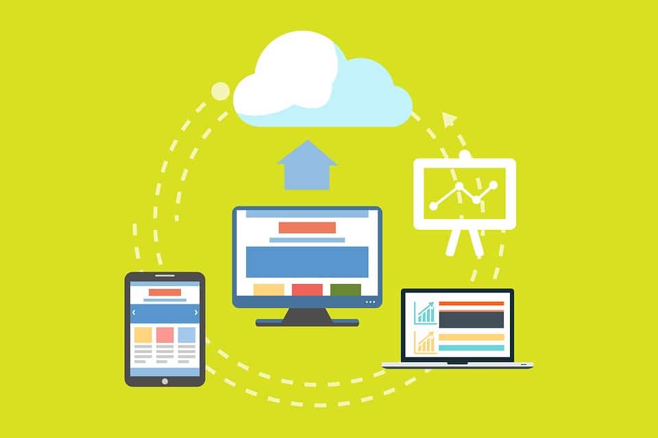 Illustration of several types of devices being backed up to the cloud.