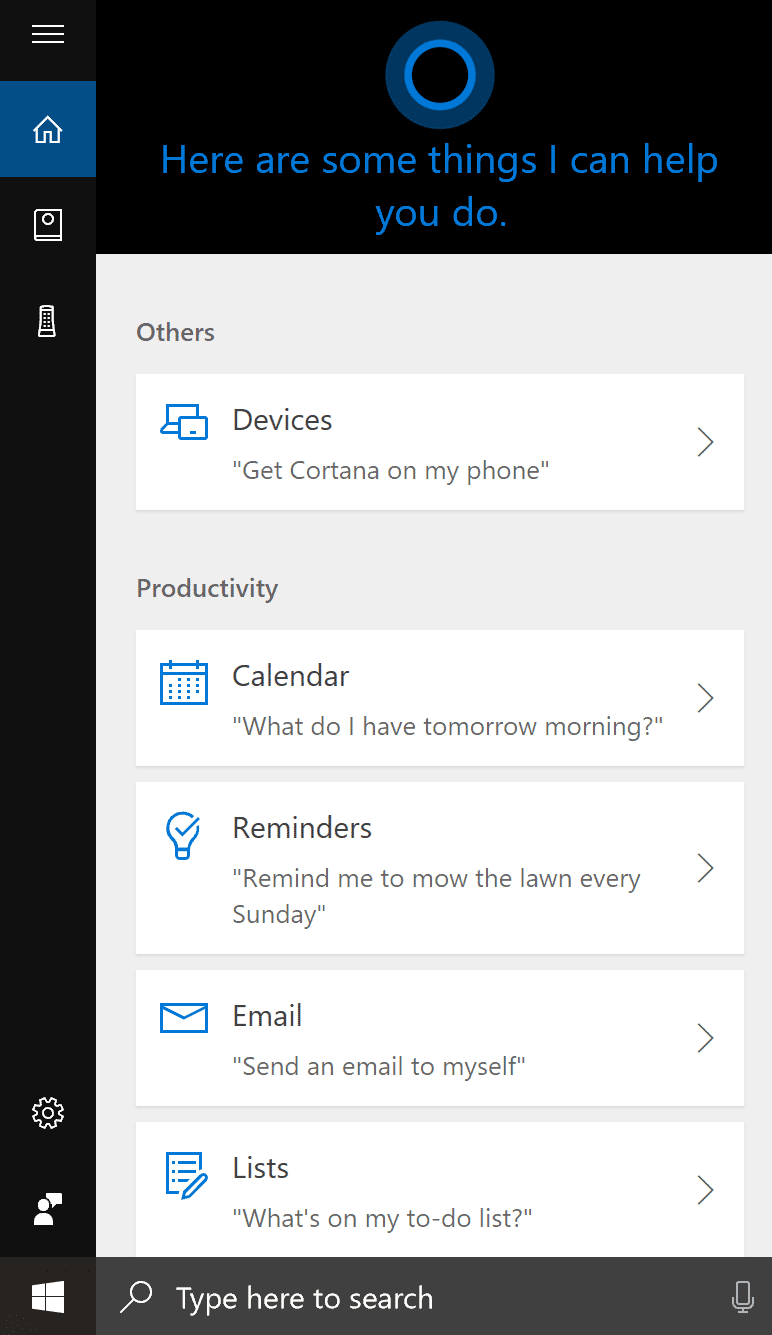 Screenshot of the Cortana assistant in Microsoft Windows 10