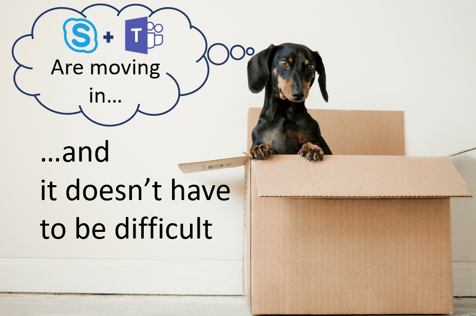 Puppy in a box with thought bubble: "Skype and Microsoft Teams are moving in"