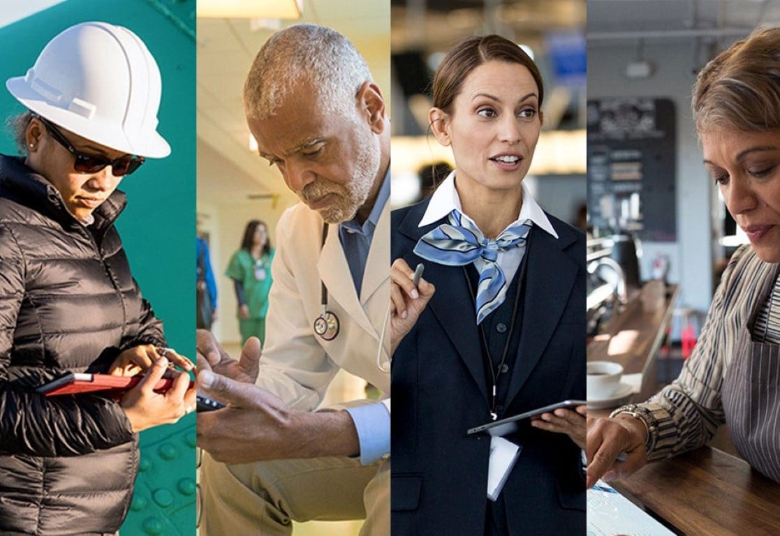 Four first line workers who rely on high productivity: contractor, doctor, airline attendant and a dispatcher