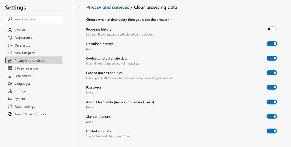 Microsoft Edge privacy and Service settings