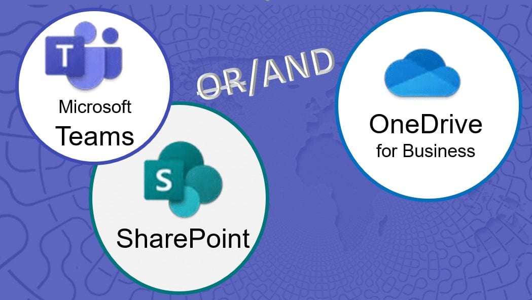 Microsoft Teams, SharePoint and OneDrive logos superimposed over a map of the world