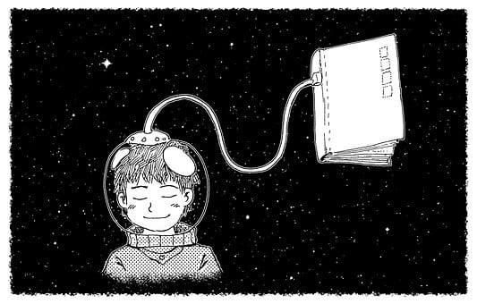 Illustration of an astronaut reading a book by osmosis, symbolizing online reading should not be hard.