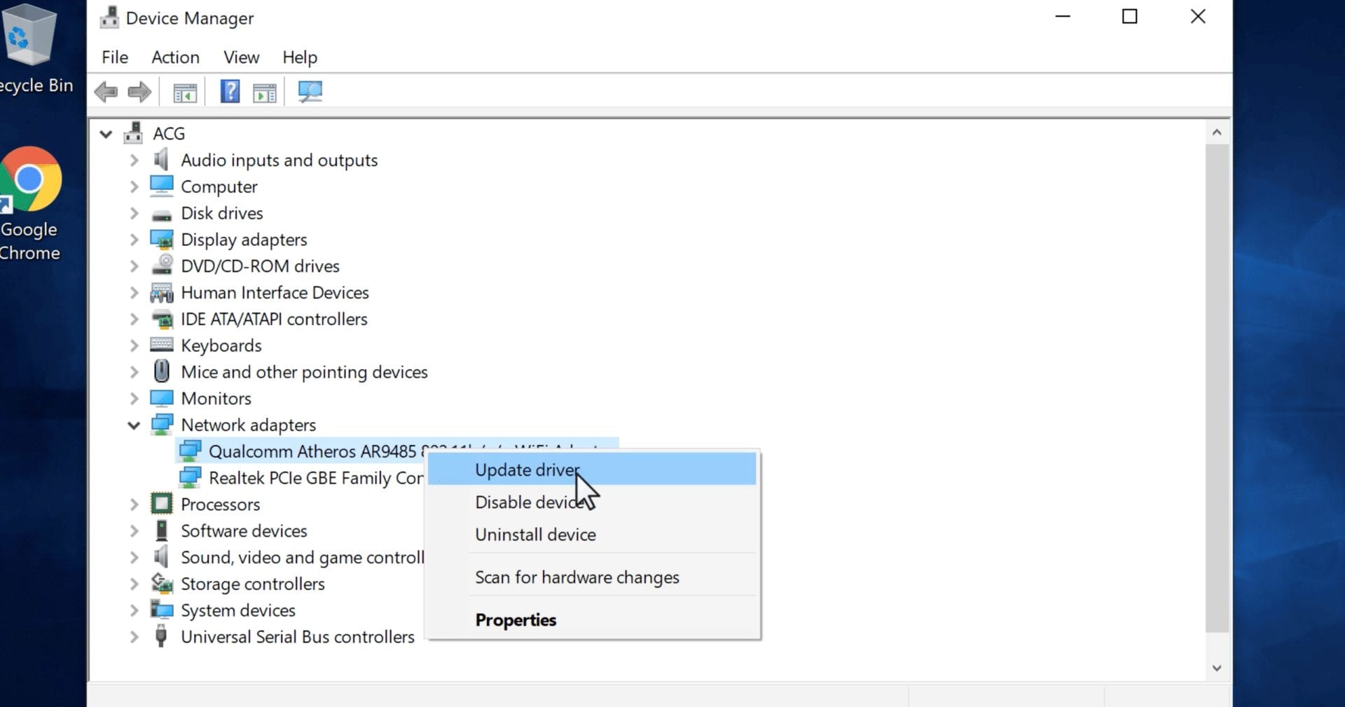 uninstalled qualcomm atheros fast ethernet controller