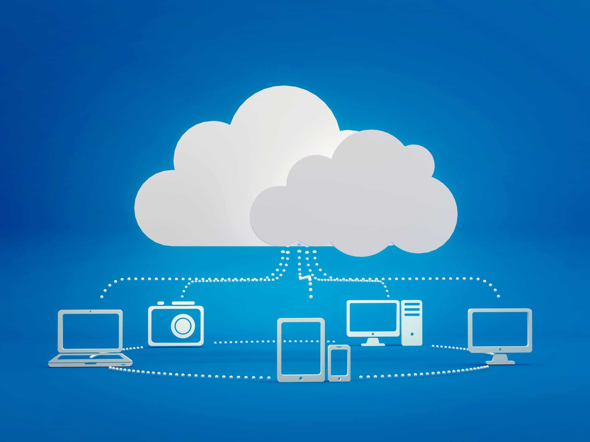 Illustration of cloud backup. Illustration shows PCs, laptops, tablets and mobile devices connected to cloud backup storage.