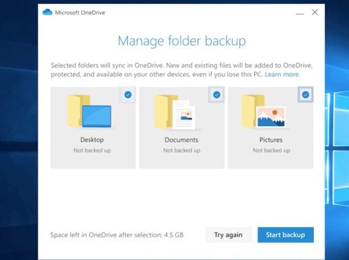 Microsoft OneDrive enables you to select folders from desktop, documents or pictures to backup.