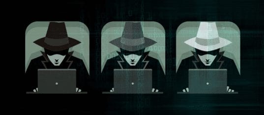 Illustration of black hat, grey hat and white hat hackers.