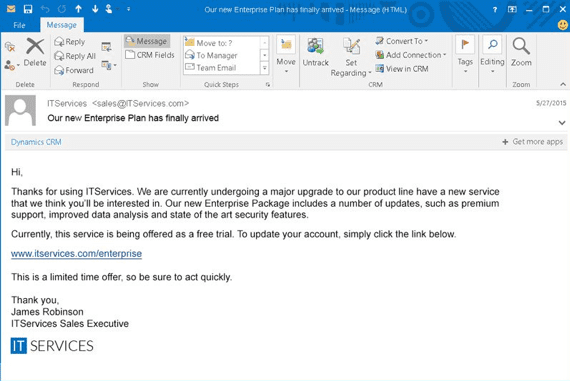 Example of a Spear Phishing email. Spear phishing always targets a specific person or organization. 