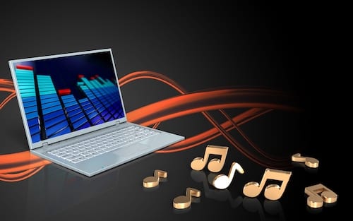 Musical notes flying from a computer. With Microsoft Teams, you can easily share video and audio clips with meeting participants.