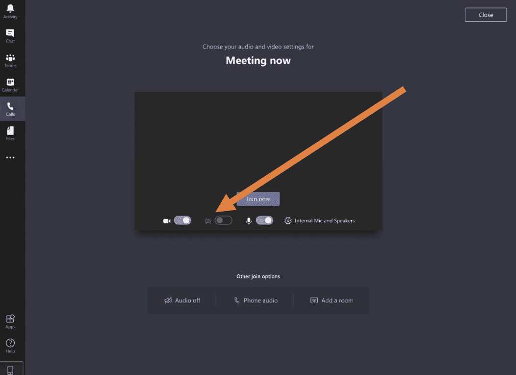 Microsoft Teams meeting dashboard with background effects icon.