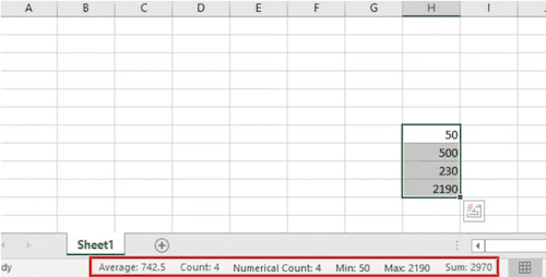 The status bar in Excel enables user to find the sum, the average and the total count of numbers. Right click on the status bar to add more features such as the ability to add the minimum and maximum values in a range. 