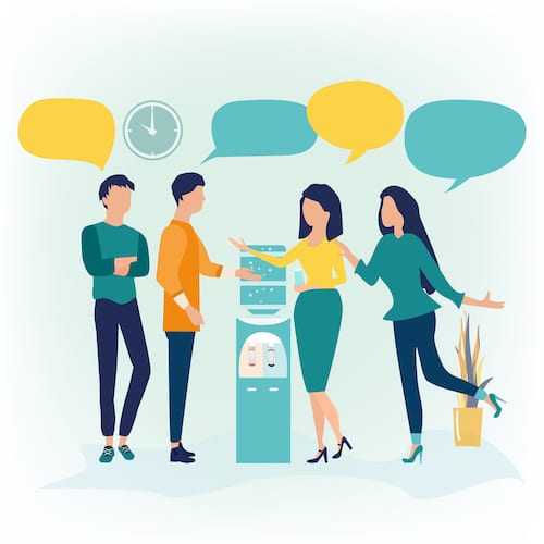 Coworkers chatting around a water cooler. With Microsoft Teams, you can set-up an online space for your team to connect and converse.