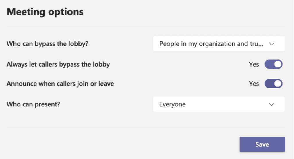 With Microsoft Teams meeting options, meeting organizer to prevent unauthorized users from joining the meeting, to control meeting join announcements, and to specify who may present during the meeting.