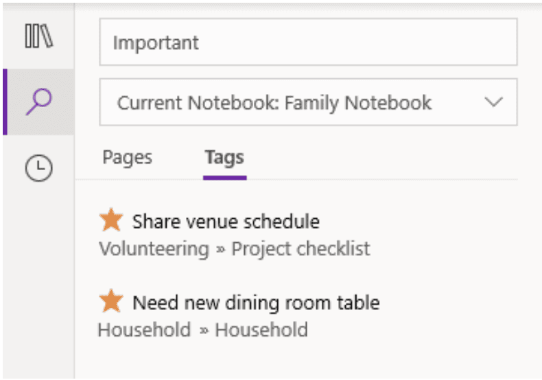 Searching for tags in OneNote displays matching tags in a separate search results pane.