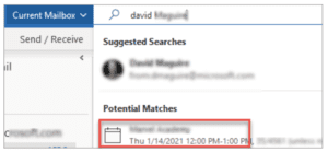 Microsoft Outlook search with meeting suggestions.