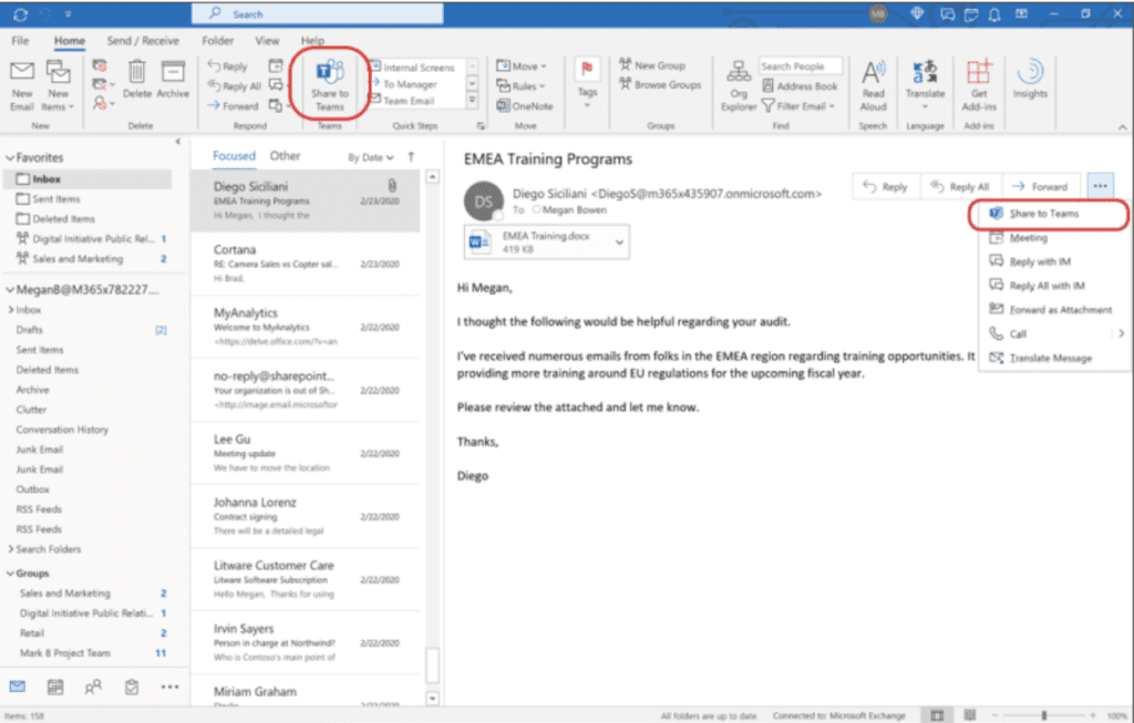 Pin the Share to Teams option to the ribbon in Outlook to easily share emails in Teams.