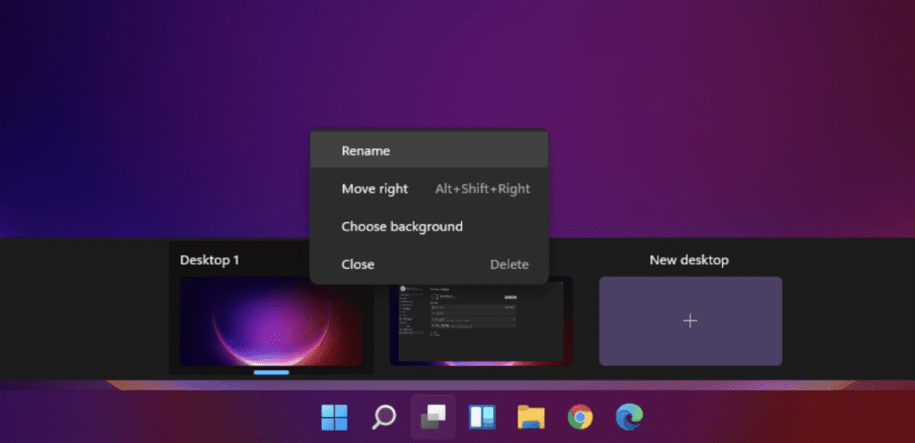 To Rename Virtual Desktops in Windows 11, right-click on the virtual desktop and click Rename.
