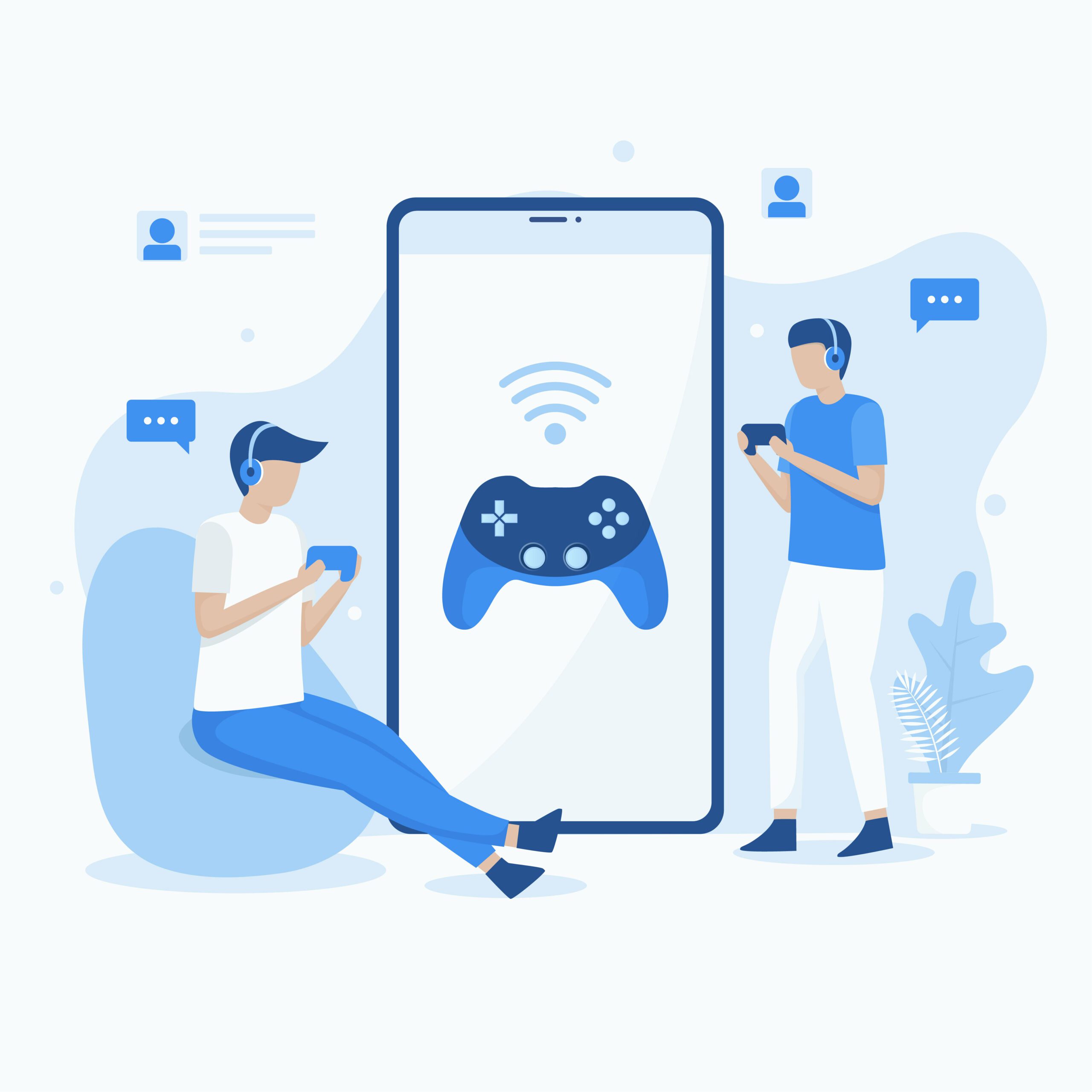 Vector of teenagers playing mobile video games