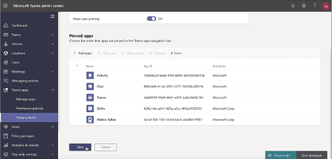 Image of a Microsoft Teams app list with the Walkie Talkie app pinned to the list.