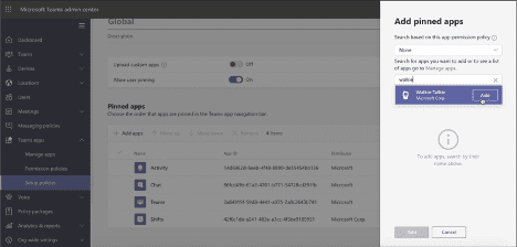 Image of how to add the Walkie Talkie app in Teams as a pinned app.