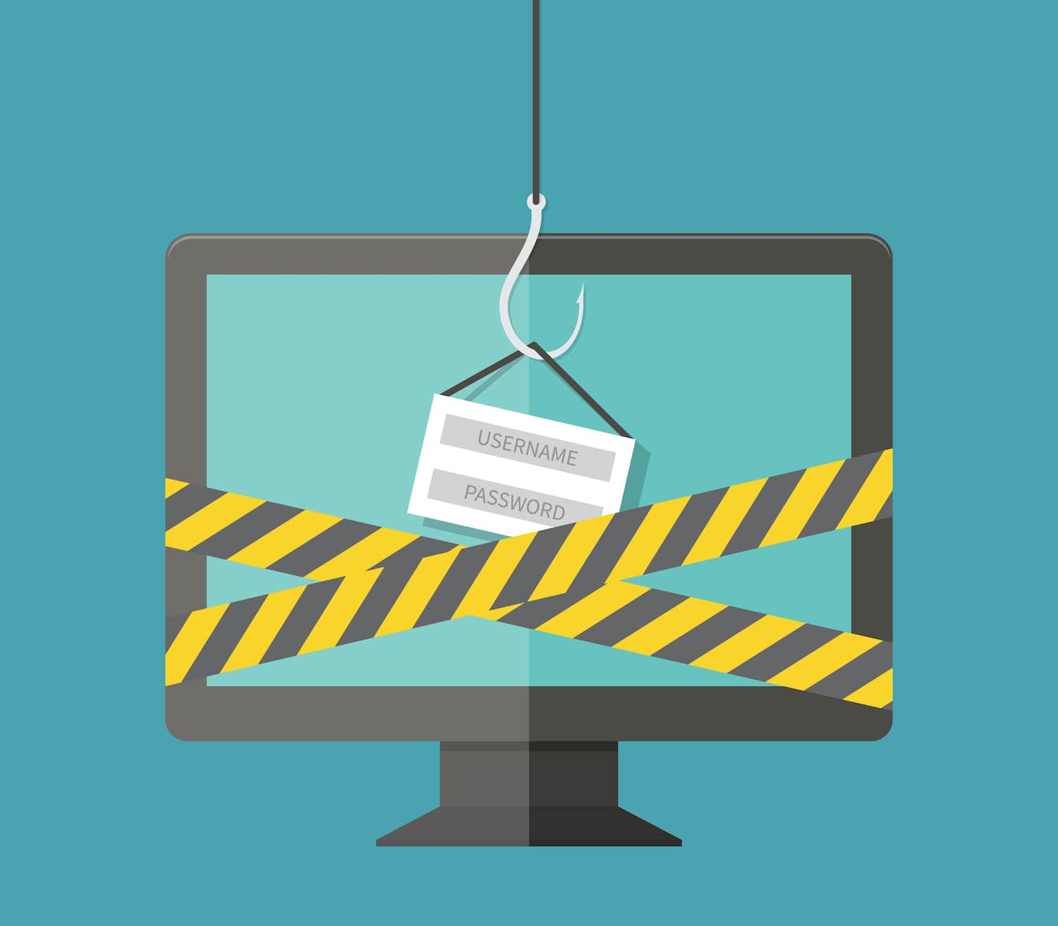 Vector of a computer with caution tape around it symbolizing a cyber attack.