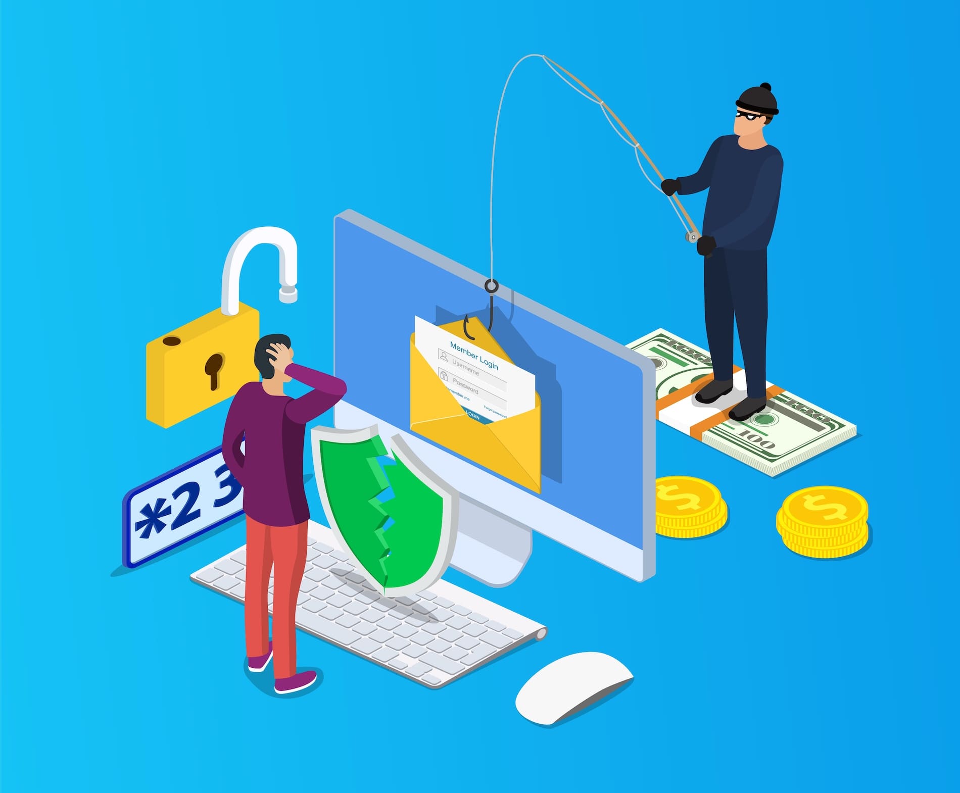 Vector of a computer with a criminal on one side holding a fishing pole representing a phishing scam.