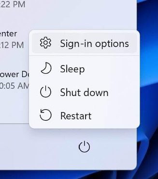 Image of power menu with sign in options in Windows 11 version 22H2.