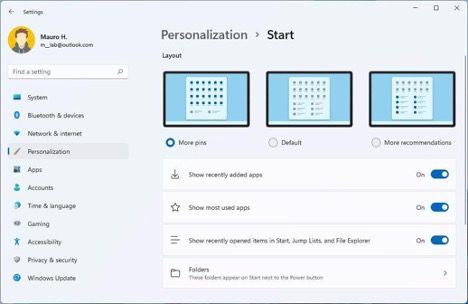 Image of Start menu personalization in Windows 11 version 22H2.