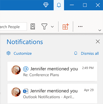An image of the updated Notifications pane inside of Microsoft Outlook 365.