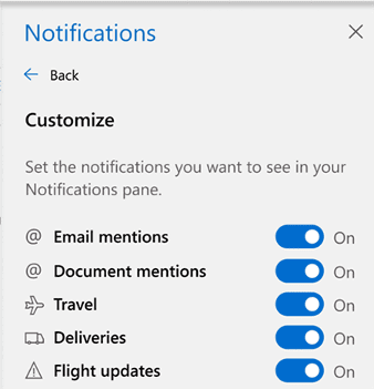 Image of a panel allowing you to customize the notifications you want to see in the newest version of Microsoft Outlook.