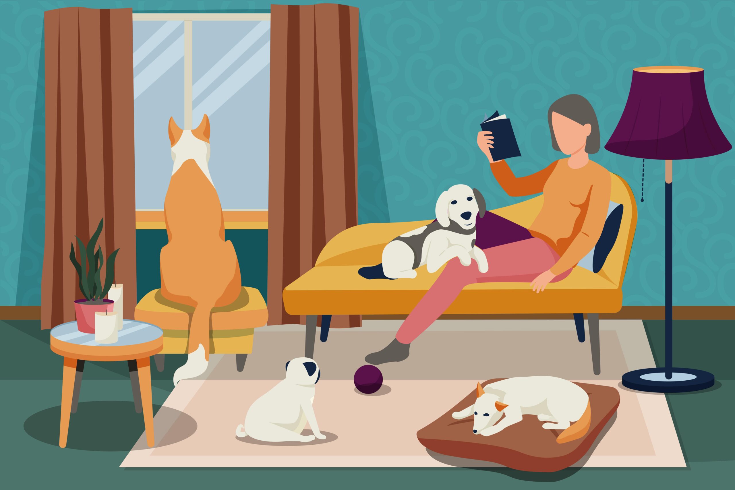 vector of a cozy living room with a woman lying on the sofa surrounded with pets