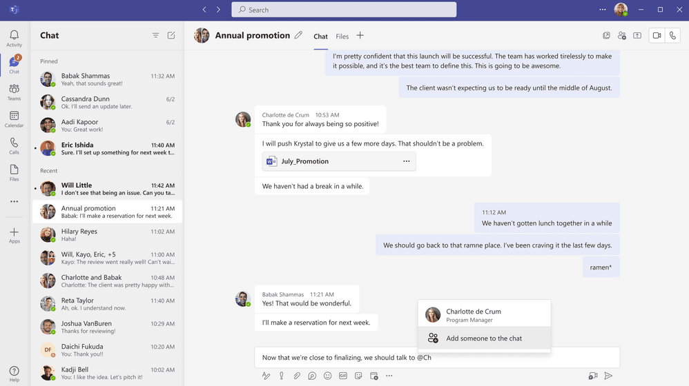 Image of how to add people to a group chat in Microsoft Teams.