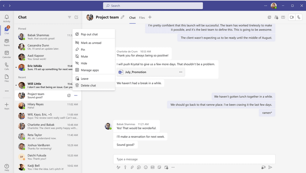 Image of the new Delete Chat function in Microsoft Teams