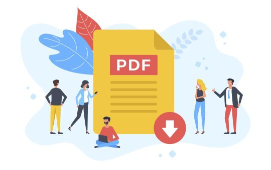 Vector of people standing around a PDF document.