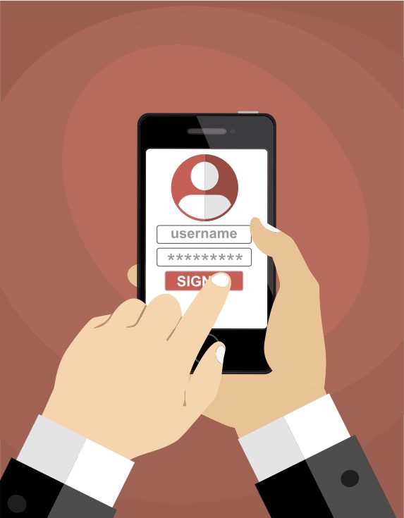 Vector image of a government employee holding a mobile device and entering a username and password.