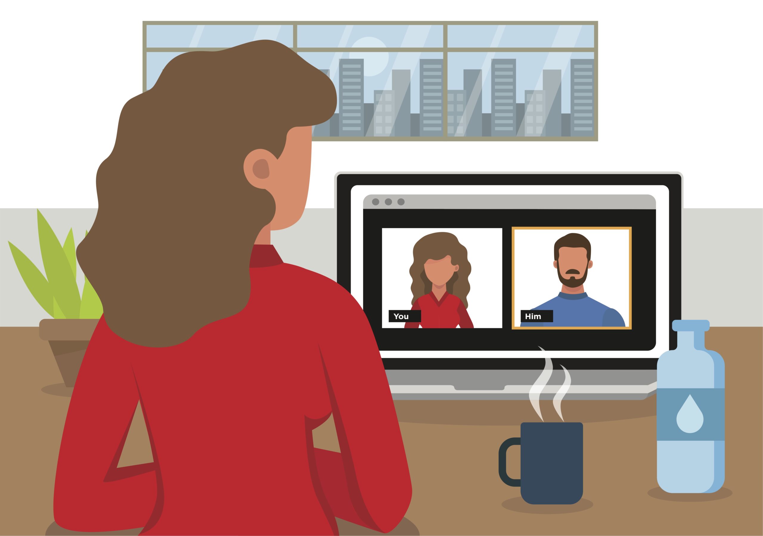 Vector image of woman on a virtual conference call speaking with 2 others.