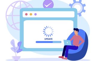 Vector of a person sitting on a chair with a laptop with "update" on the screen.