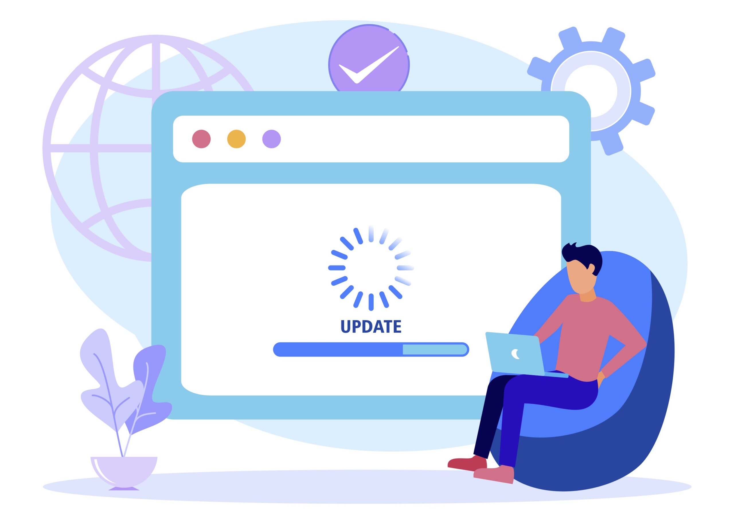 Vector of a person sitting on a chair with a laptop with "update" on the screen.