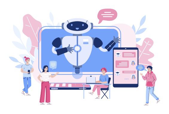 Vector of people surrounded by laptop with robot and mobile devices representing AI.
