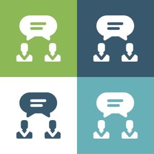 Vector image with four panels of people and messages representing chatting.