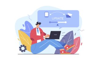 Vector image of a person on a laptop with "update" above the laptop.