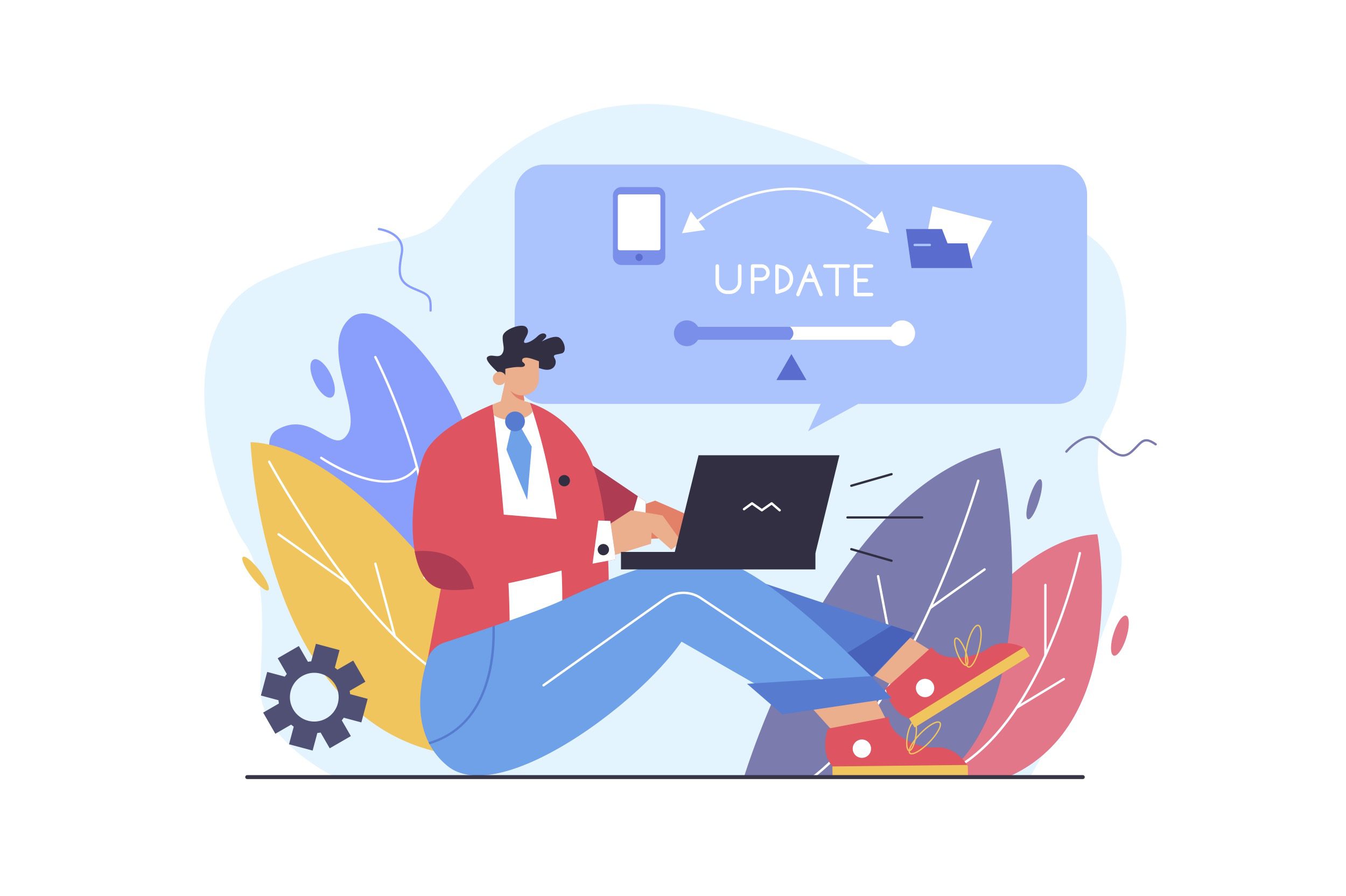 Vector image of a person on a laptop with "update" above the laptop.