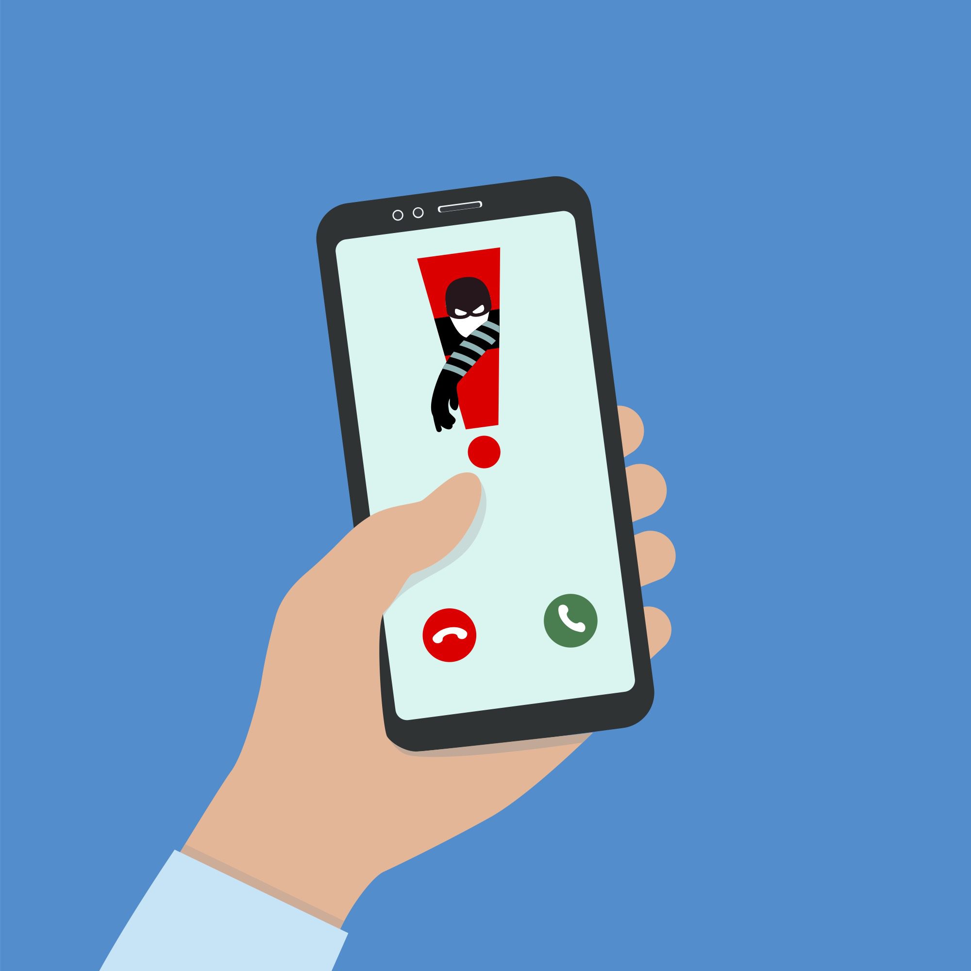 vector image of hand holding a cell phone with a spam theft call coming in.