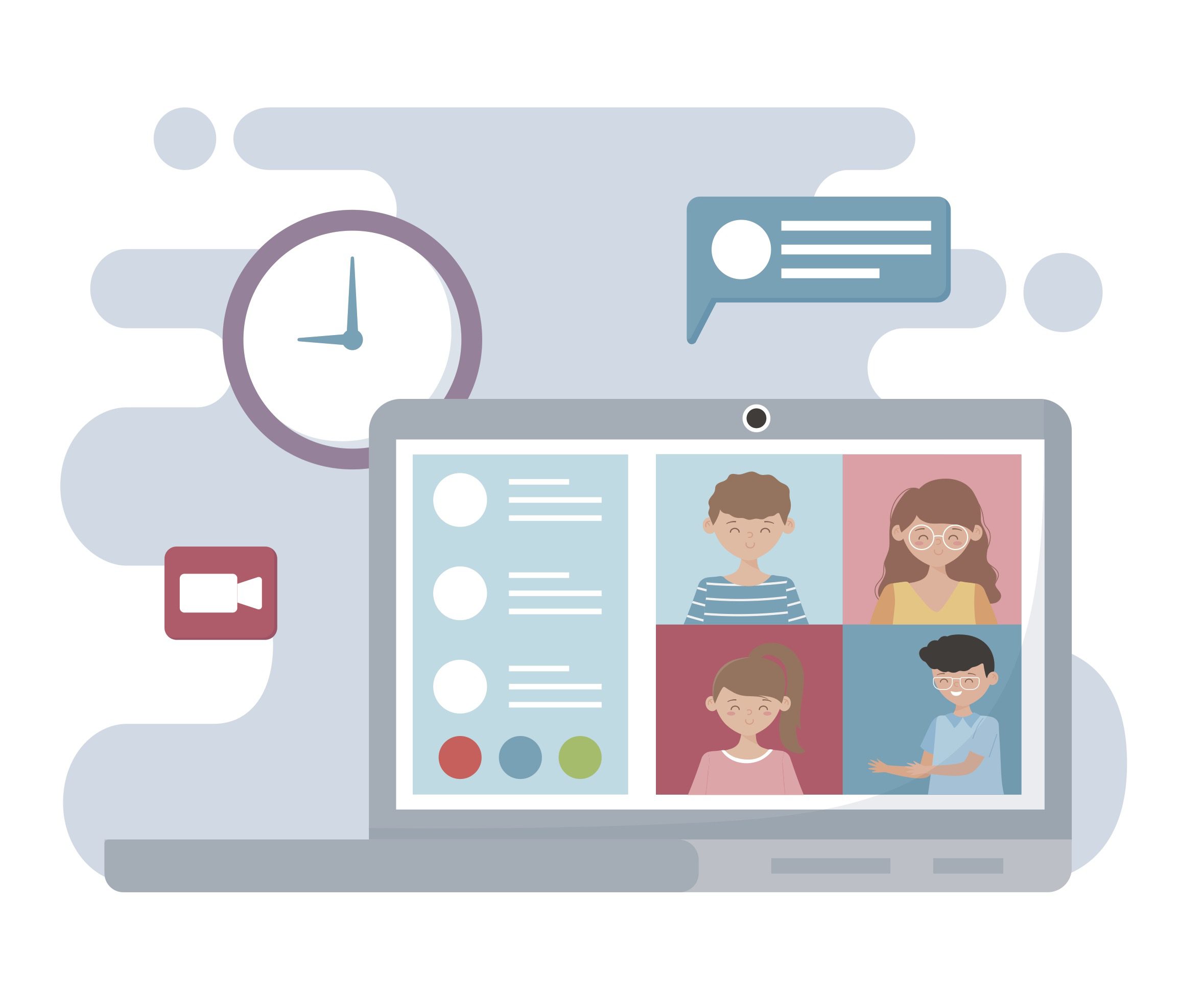 vector of laptop screen with people having meeting with time and other icons