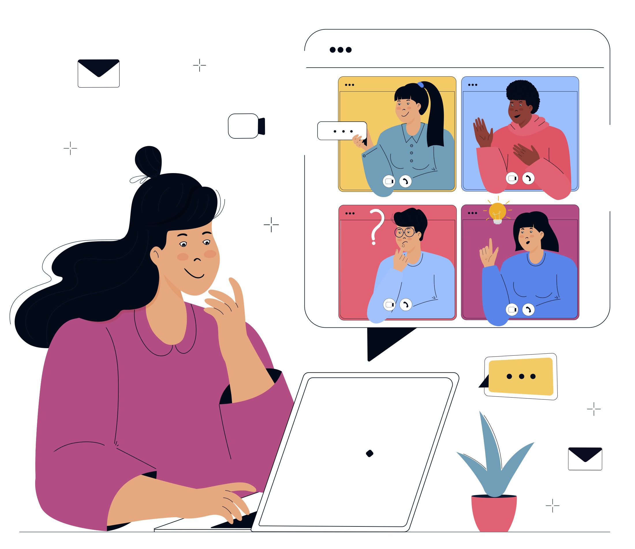 vector ullustration of women on a laptop and screen showing other team members.